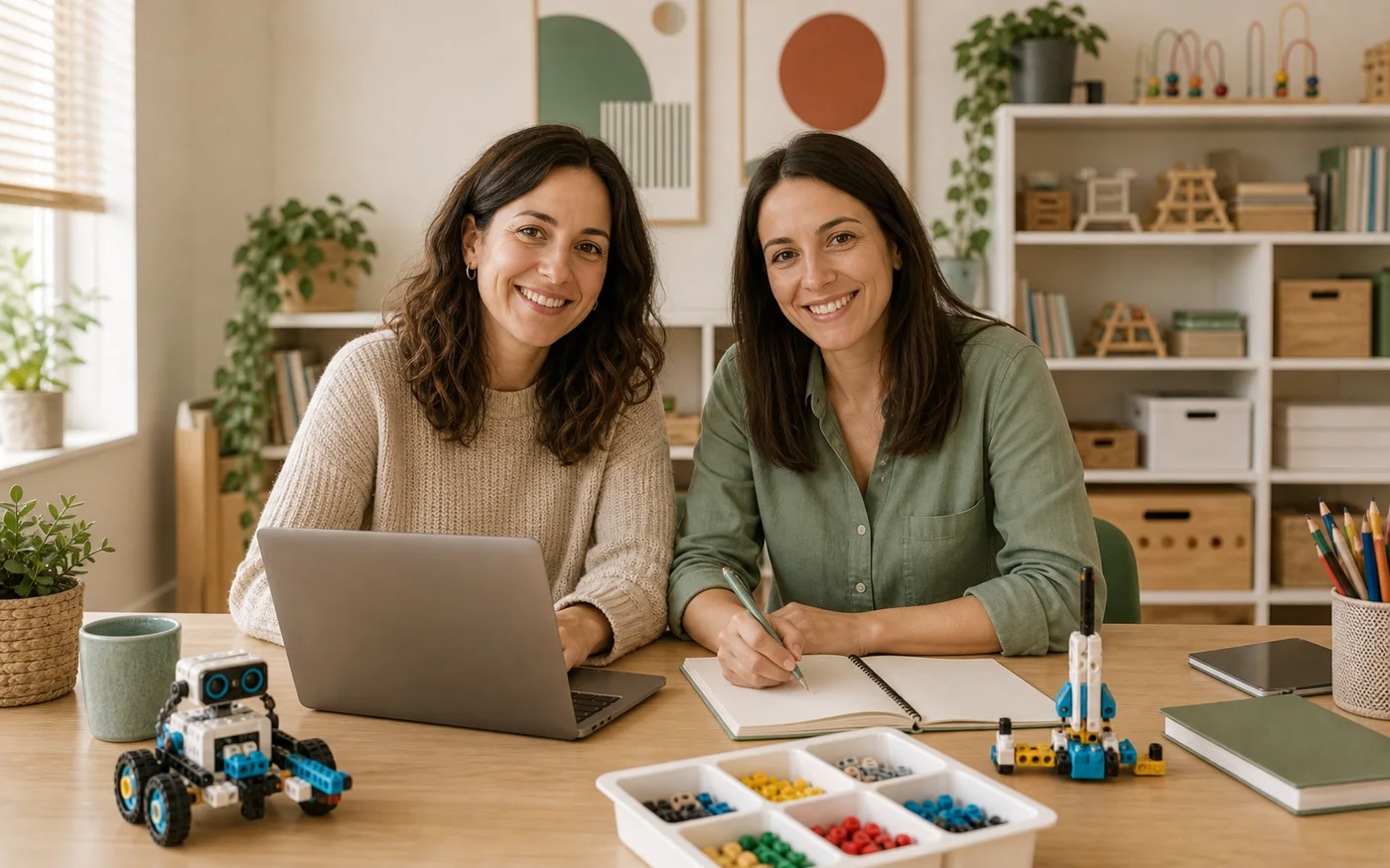 Dos educadoras en un espacio de aprendizaje con material tecnológico