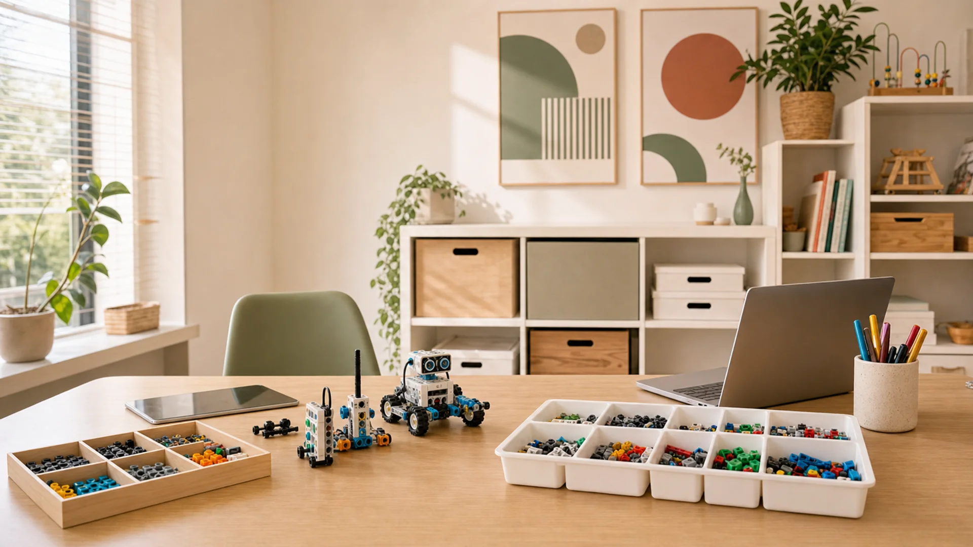 Aula cálida con materiales educativos, robótica y recursos creativos