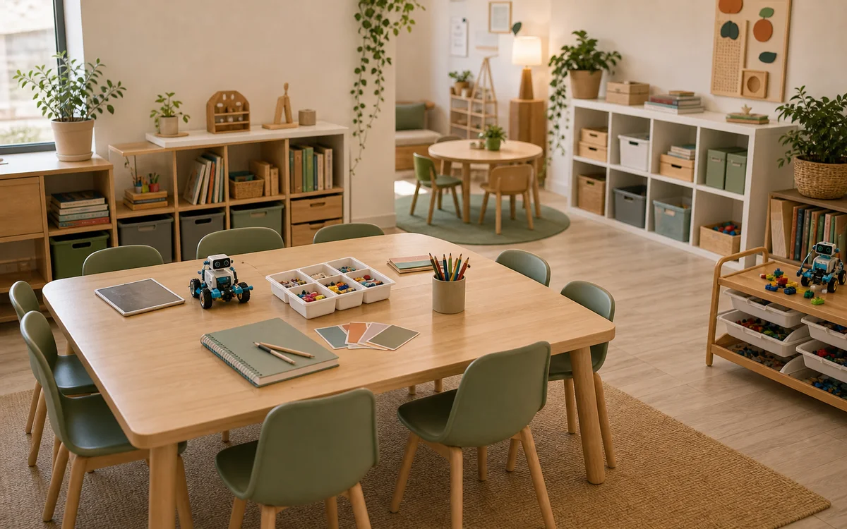 Espacio preparado para aprender con materiales educativos y tecnológicos
