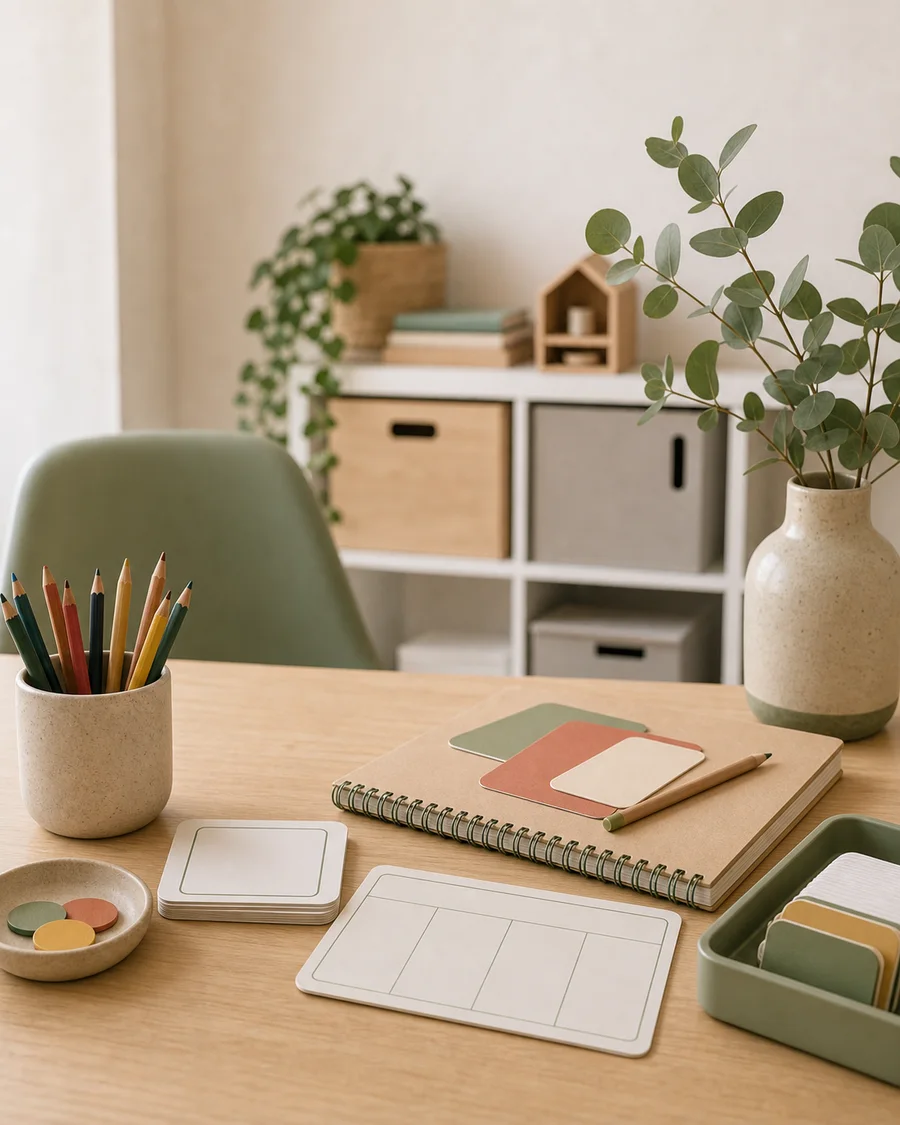 Espacio sereno de apoyo psicopedagógico con cuaderno y material de trabajo
